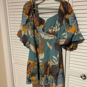 Fun and flirty Teal Floral Mini Dress with Puff Sleeves